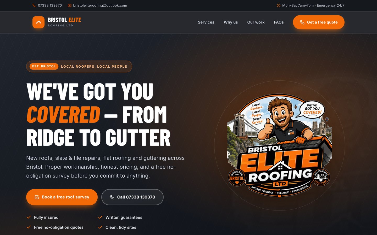 Bristol Elite Roofing website on desktop